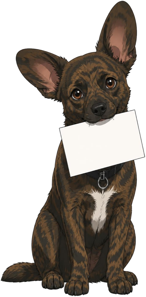 Buddy, ein gestromter kleiner Hund, hält einen Zettel mit dem DoWaGo-Logo im Maul